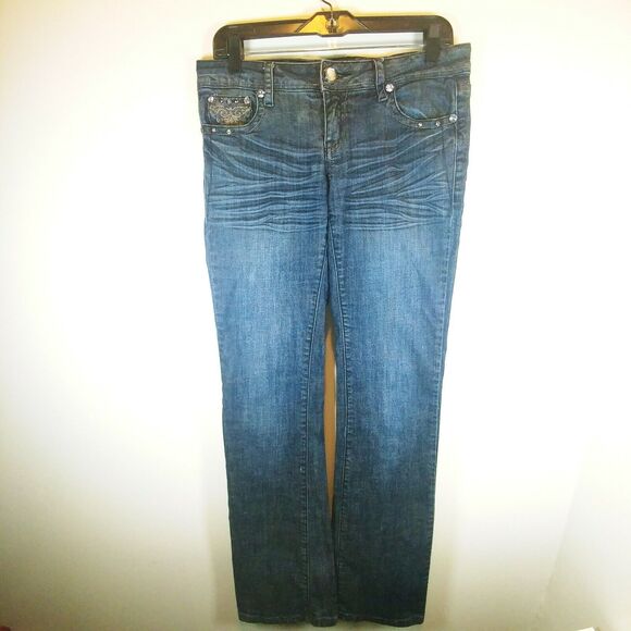 GRACE IN LA USA Bling Gems Jeweled Blue Jeans Boot Cut Pants - Picture 2 of 10